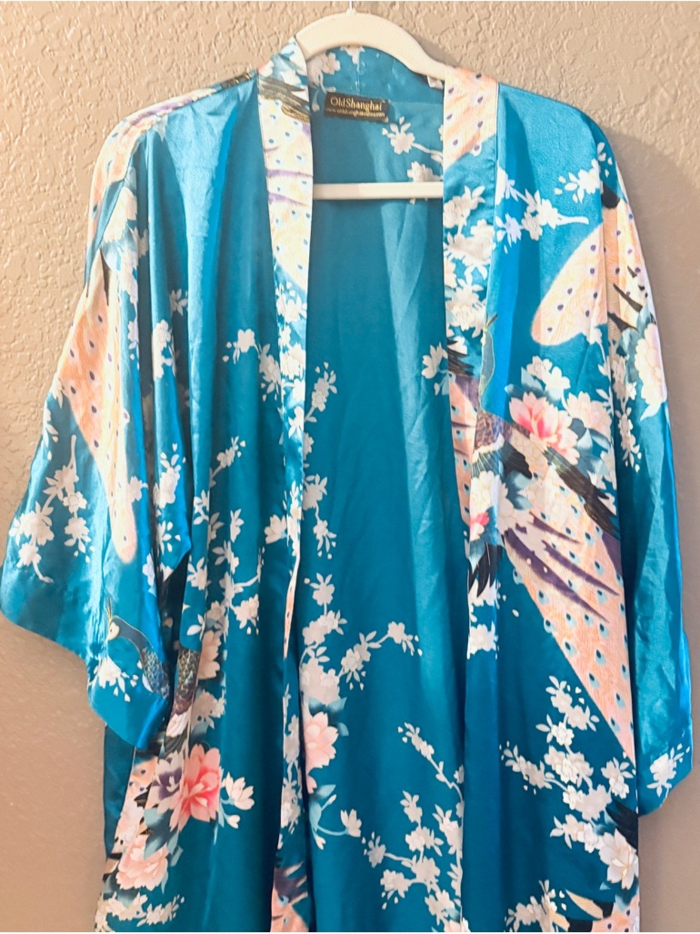 Vintage Teal Satin/Silky Floral Kimono Robe with Pink Accents